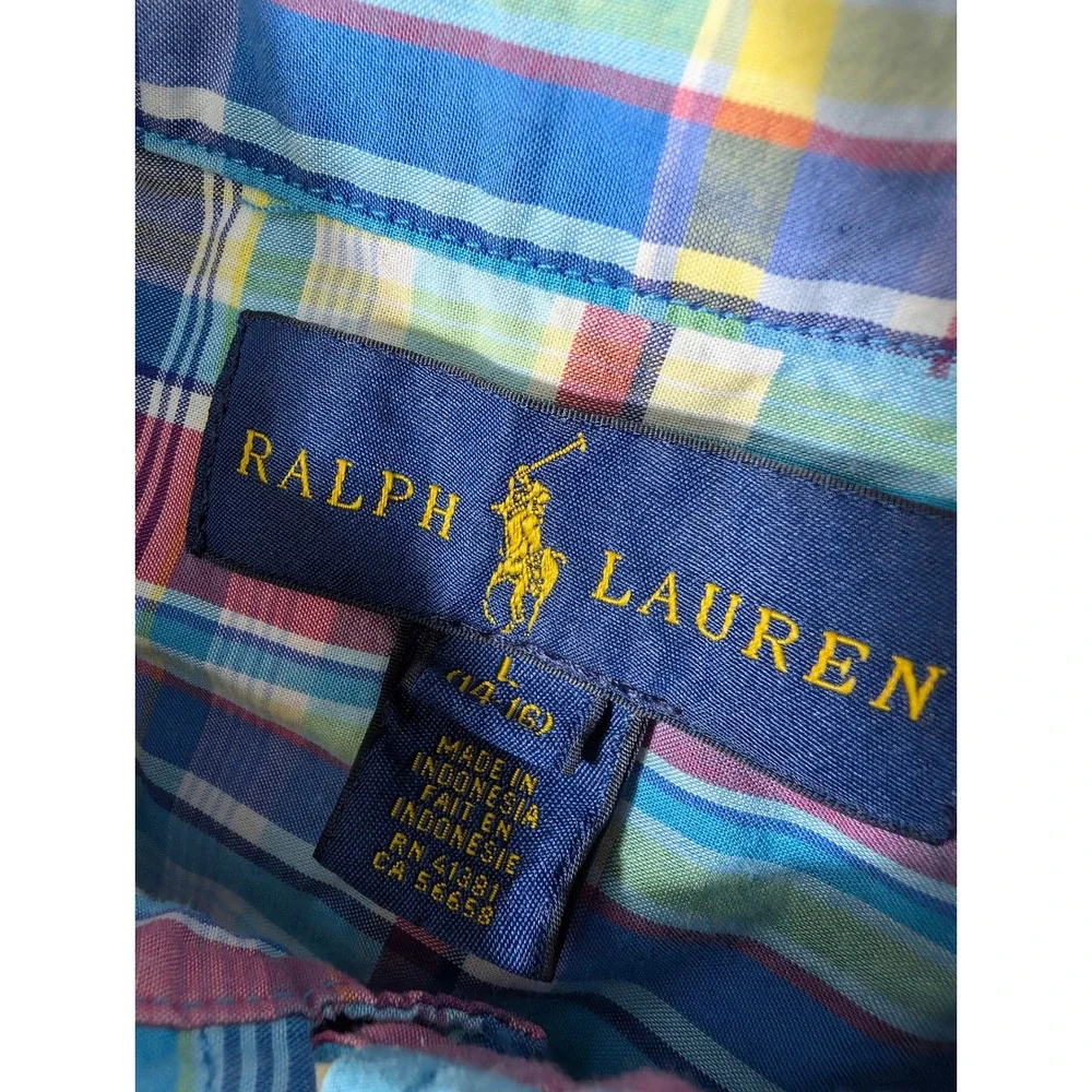 Ralph Lauren Plaid‎ Button Down Boys L Blue Multi Short Sleeve Pony Logo